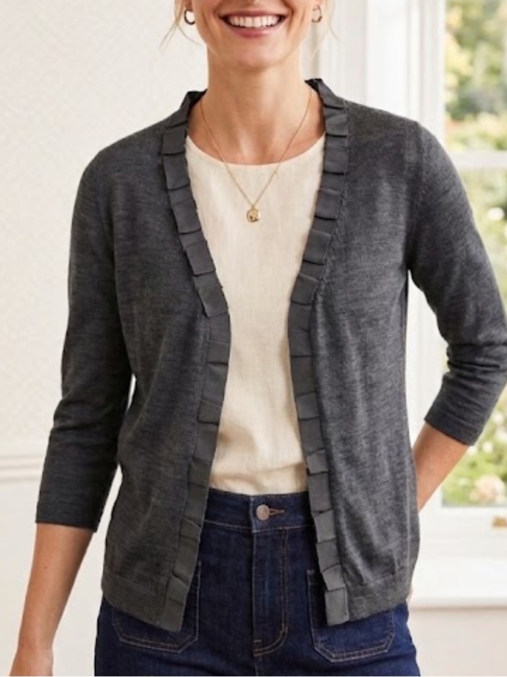 🧋Boden 100% wool v-neck cardigan sweater ribbon buttons gunmetal gray 6